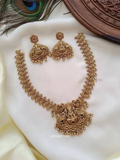 South Indian Traditional Antique Matte Gold Finish Goddess Lakshmi & Peacock Motif Long Necklace Set with Jhumka Earrings for Women | Ethnic Temple Jewellery for Weddings, Brides & Festivals